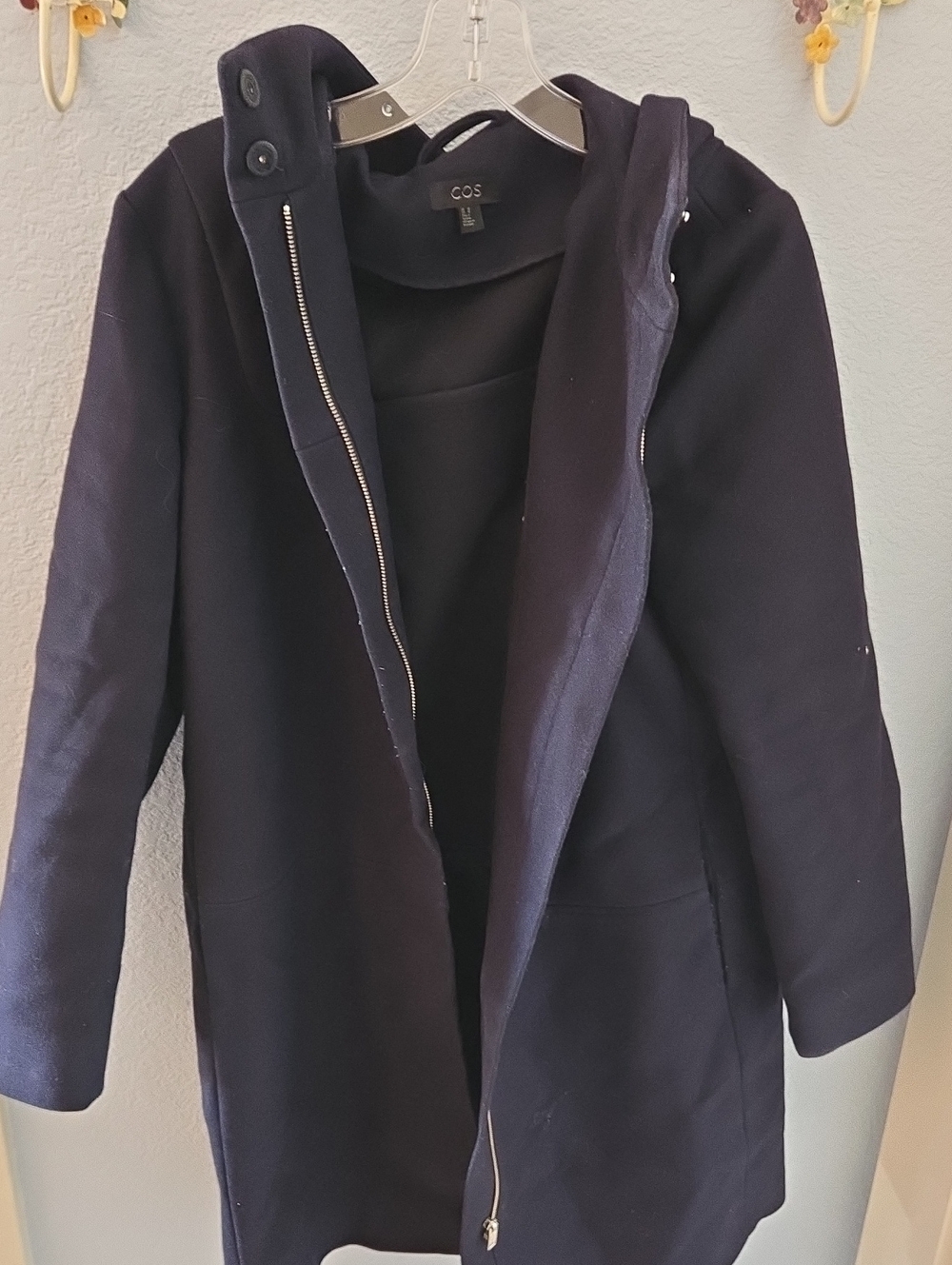 COS Navy Zip-Front Trench Coat With Hoodie
